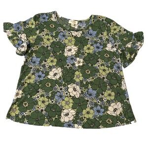 Kim & Cami Floral Kelly Green Flutter Sleeve Woven Stretch Top Women's M Boho